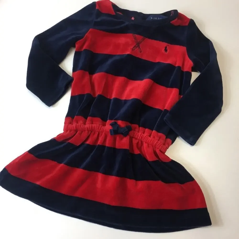 Ralph Lauren Dress sz 18 m Red and Blue Stripe Long Sleeve Tunic Dress Velour